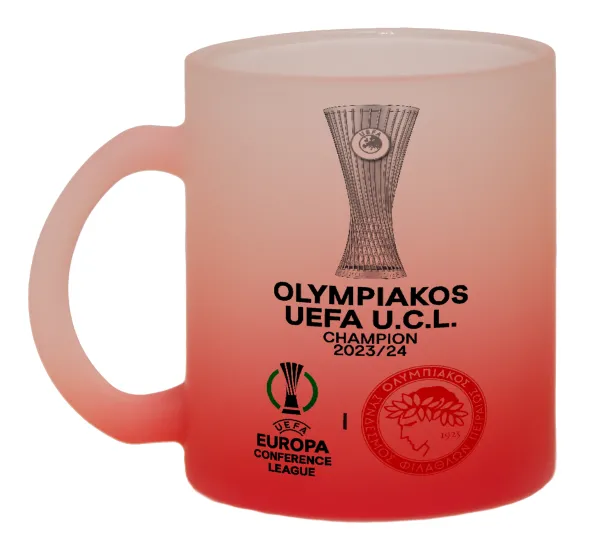 Ολυμπιακός νικητής UEFA Europa Conference League Champion 2023/24 — Κούπα γυάλινη δίχρωμη με βάση το κόκκινο ματ, 330ml