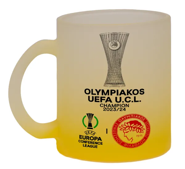 Ολυμπιακός νικητής UEFA Europa Conference League Champion 2023/24 — Κούπα γυάλινη δίχρωμη με βάση το κίτρινο ματ, 330ml