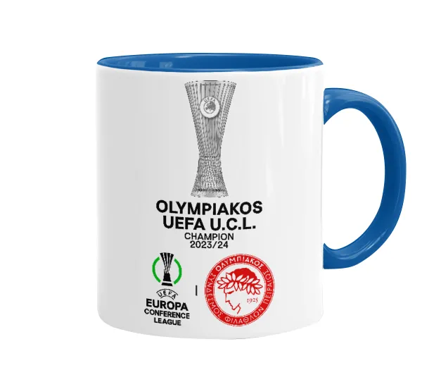Ολυμπιακός νικητής UEFA Europa Conference League Champion 2023/24 — Κούπα χρωματιστή μπλε, κεραμική, 330ml