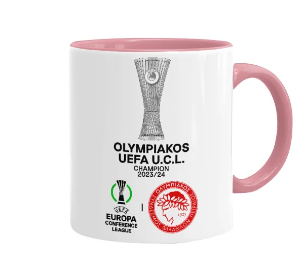 Ολυμπιακός νικητής UEFA Europa Conference League Champion 2023/24 — Κούπα χρωματιστή ροζ, κεραμική, 330ml