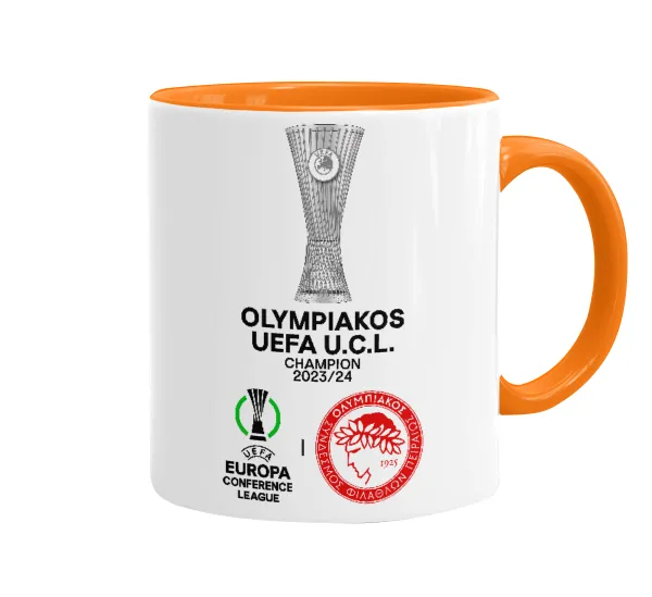Ολυμπιακός νικητής UEFA Europa Conference League Champion 2023/24 — Κούπα χρωματιστή πορτοκαλί, κεραμική, 330ml
