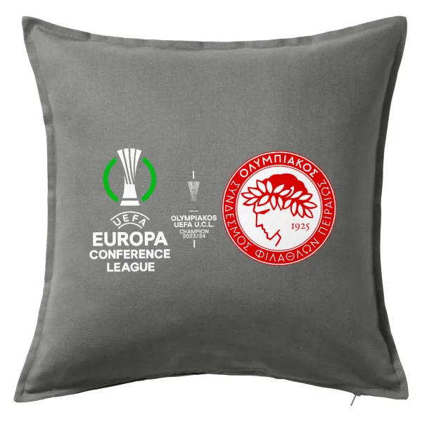 Ολυμπιακός νικητής UEFA Europa Conference League Champion 2023/24 — Μαξιλάρι καναπέ Γκρι 100% βαμβάκι, περιέχεται το γέμισμα (50x50cm)