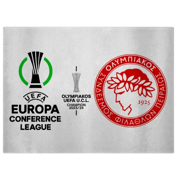 Ολυμπιακός νικητής UEFA Europa Conference League Champion 2023/24 — Επιφάνεια κοπής γυάλινη (38x28cm)