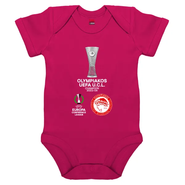 Ολυμπιακός νικητής UEFA Europa Conference League Champion 2023/24 — Βρεφικό φορμάκι μωρού, 0-18 μηνών, ΡΟΖ, 100% Organic Cotton, κοντομάνικο