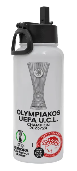 Olympiacos UEFA Europa Conference League Champion 2023/24 — Metal mug thermo White with Straw and Spout Lid (Stainless steel), double wall, 950ml