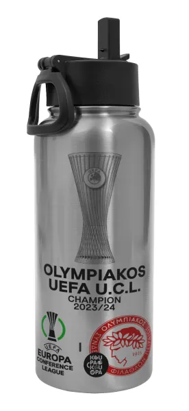 Ολυμπιακός νικητής UEFA Europa Conference League Champion 2023/24 — Μεταλλικό παγούρι θερμός Silver με καλαμάκι και χερούλι (Stainless steel), διπλού τοιχώματος, 950ml