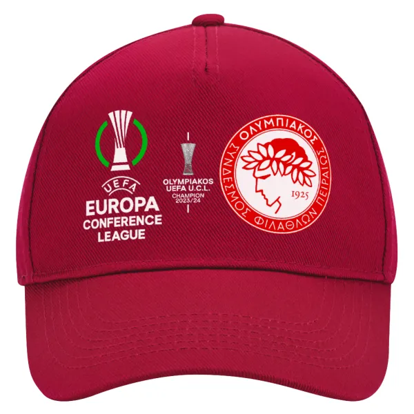 Ολυμπιακός νικητής UEFA Europa Conference League Champion 2023/24 — Καπέλο Ενηλίκων Ultimate ΚΟΚΚΙΝΟ, (100% ΒΑΜΒΑΚΕΡΟ DRILL, ΕΝΗΛΙΚΩΝ, UNISEX, ONE SIZE)