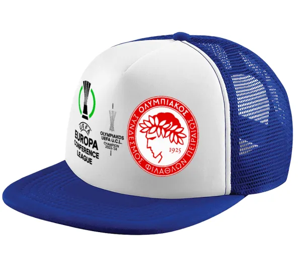 Olympiacos UEFA Europa Conference League Champion 2023/24 — Adult Soft Trucker Hat with Blue/White Mesh (POLYESTER, ADULT, UNISEX, ONE SIZE)