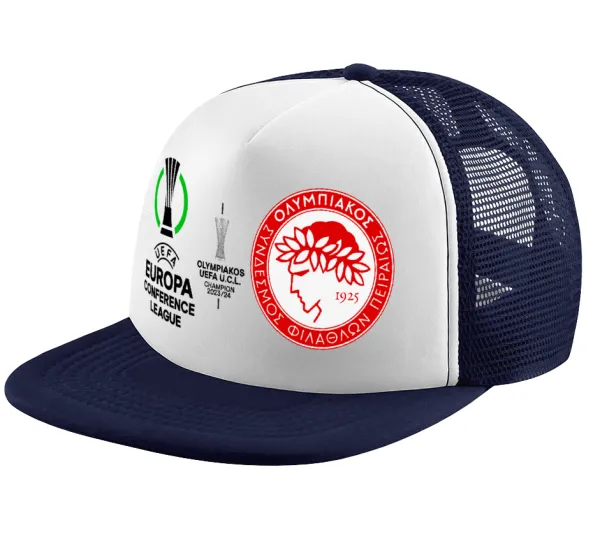 Olympiacos UEFA Europa Conference League Champion 2023/24 — Adult Soft Trucker Hat with Dark Blue/White Mesh (POLYESTER, ADULT, UNISEX, ONE SIZE)
