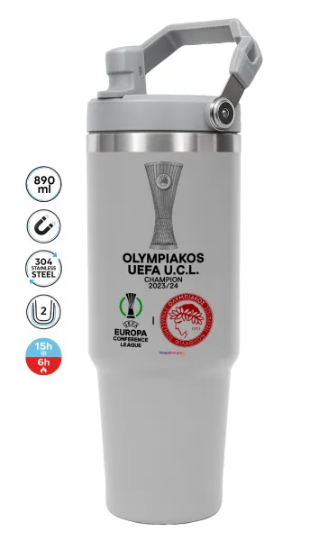 Ολυμπιακός νικητής UEFA Europa Conference League Champion 2023/24 — ΓΚΡΙ Travel Tumbler Θερμός με χερούλι και καλαμάκι 890ml