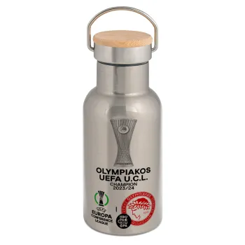 Ολυμπιακός νικητής UEFA Europa Conference League Champion 2023/24, Μεταλλικό παγούρι θερμός (Stainless steel) Ασημένιο με ξύλινο καπακι (bamboo), διπλού τοιχώματος, 350ml