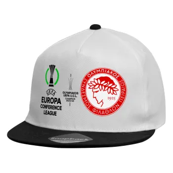 Olympiacos UEFA Europa Conference League Champion 2023/24, Child's Flat Snapback Hat, White (100% COTTON, CHILDREN'S, UNISEX, ONE SIZE)