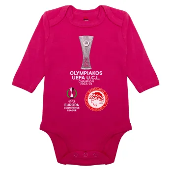 Ολυμπιακός νικητής UEFA Europa Conference League Champion 2023/24, Μακρυμάνικο βρεφικό φορμάκι, 0-18 μηνών, ΡΟΖ, 100% Organic Cotton