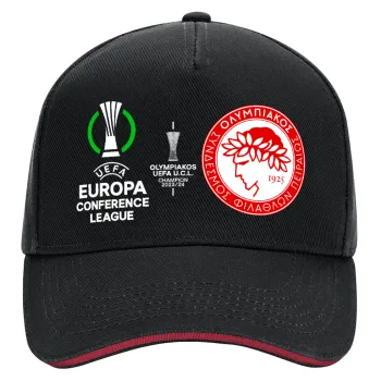 Olympiacos UEFA Europa Conference League Champion 2023/24, DRILL Adult Ultimate Hat BLACK/RED, (100% COTTON, ADULT, UNISEX, ONE SIZE)