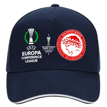 Olympiacos UEFA Europa Conference League Champion 2023/24, DRILL Adult Ultimate Hat BLUE/WHITE, (100% COTTON, ADULT, UNISEX, ONE SIZE)