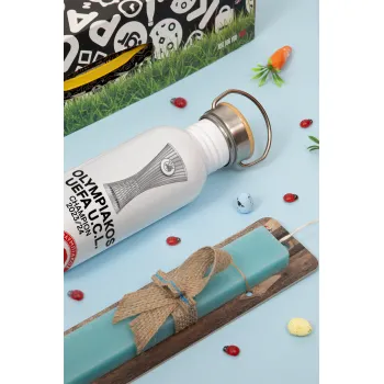 Ολυμπιακός νικητής UEFA Europa Conference League Champion 2023/24, Πασχαλινή Λαμπάδα με παγούρι μεταλλικό (620ml, stainless steel) & κερί αρωματικό πλακέ (30cm) (ΤΙΡΚΟΥΑΖ)