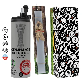 Olympiacos UEFA Europa Conference League Champion 2023/24, Easter candle with Grey Tumbler Thermo 600ml & aromatic flat candle (30cm) (GREY)