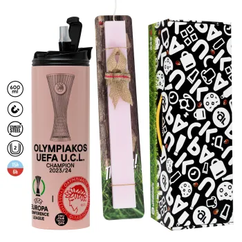 Ολυμπιακός νικητής UEFA Europa Conference League Champion 2023/24, Πασχαλινή Λαμπάδα με  ΡΟΖ Travel Tumbler θερμό (600ml, BPA free) & κερί αρωματικό πλακέ (30cm) (ΡΟΖ)