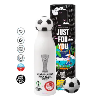 Ολυμπιακός νικητής UEFA Europa Conference League Champion 2023/24, Μπάλα ποδοσφαίρου μεταλλικό παγούρι θερμός, διπλού τοιχώματος, 550ml