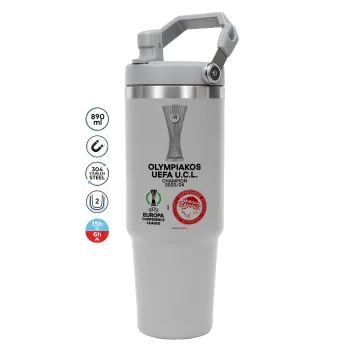 Olympiacos UEFA Europa Conference League Champion 2023/24, GREY color, 890ml (30oz) stainless Steel Tumbler with Handle