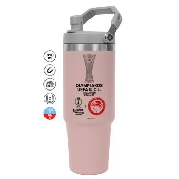 Olympiacos UEFA Europa Conference League Champion 2023/24, Pink color, 890ml (30oz) stainless Steel Tumbler with Handle