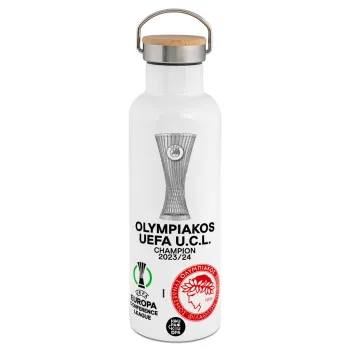 Ολυμπιακός νικητής UEFA Europa Conference League Champion 2023/24, Μεταλλικό παγούρι θερμός (Stainless steel) Λευκό με ξύλινο καπάκι (bamboo), διπλού τοιχώματος, 750ml