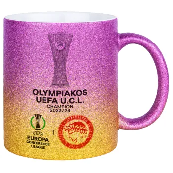 Olympiacos UEFA Europa Conference League Champion 2023/24, Κούπα Χρυσή/Ροζ Glitter, κεραμική, 330ml