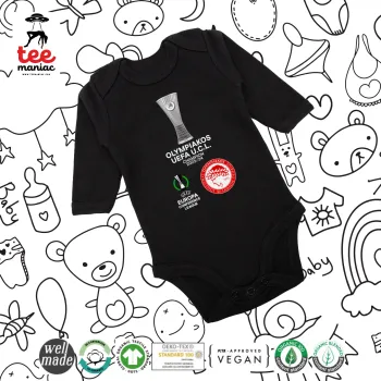 Ολυμπιακός νικητής UEFA Europa Conference League Champion 2023/24, Μακρυμάνικο βρεφικό φορμάκι, 0-18 μηνών, ΜΑΥΡΟ, 100% Organic Cotton