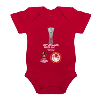 Ολυμπιακός νικητής UEFA Europa Conference League Champion 2023/24, Βρεφικό φορμάκι μωρού, ΚΟΚΚΙΝΟ, 100% Organic Cotton, κοντομάνικο