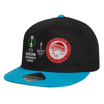 Olympiacos UEFA Europa Conference League Champion 2023/24, Child's Flat Snapback Hat, Black/Blue (100% COTTON, CHILD, UNISEX, ONE SIZE)