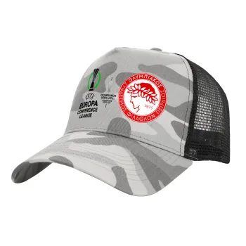 Olympiacos UEFA Europa Conference League Champion 2023/24, Adult Structured Trucker Hat, with Mesh, (Camouflage) Army Camo (100% COTTON, ADULT, UNISEX, ONE SIZE)