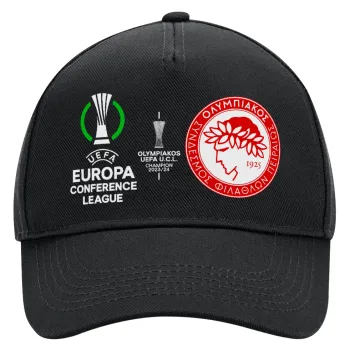 Ολυμπιακός νικητής UEFA Europa Conference League Champion 2023/24, Καπέλο Ενηλίκων Ultimate ΜΑΥΡΟ, (100% ΒΑΜΒΑΚΕΡΟ DRILL, ΕΝΗΛΙΚΩΝ, UNISEX, ONE SIZE)