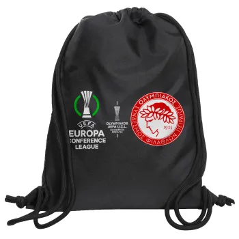 Ολυμπιακός νικητής UEFA Europa Conference League Champion 2023/24, Τσάντα πλάτης πουγκί GYMBAG Μαύρη, με τσέπη (40x48cm) & χονδρά κορδόνια