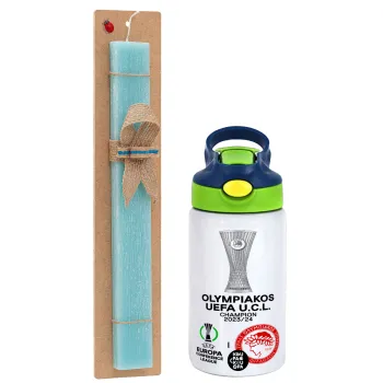 Olympiacos UEFA Europa Conference League Champion 2023/24, Easter Set, Children's thermal stainless steel bottle with safety straw, green/blue (350ml) & aromatic flat Easter candle (30cm) (TURQUOISE)
