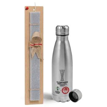 Olympiacos UEFA Europa Conference League Champion 2023/24, Easter Set, metallic Inox water bottle (750ml) & aromatic flat Easter candle (30cm) (GRAY)