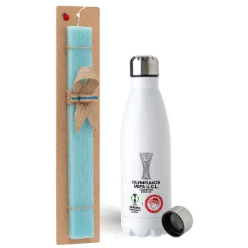 Olympiacos UEFA Europa Conference League Champion 2023/24, Easter Set, metallic stainless steel water bottle (750ml) & aromatic flat Easter candle (30cm) (TURQUOISE)