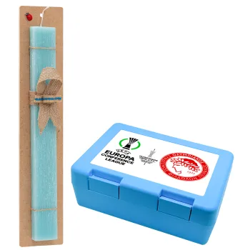 Ολυμπιακός νικητής UEFA Europa Conference League Champion 2023/24, Πασχαλινή Λαμπάδα με παιδικό δοχείο κολατσιού ΓΑΛΑΖΙΟ & κερί αρωματικό πλακέ (30cm) (ΤΙΡΚΟΥΑΖ)