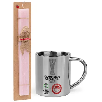 Olympiacos UEFA Europa Conference League Champion 2023/24, Easter Set, metallic thermal cup (300ml) & aromatic flat Easter candle (30cm) (PINK)