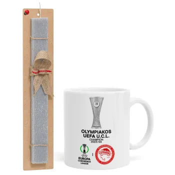 Olympiacos UEFA Europa Conference League Champion 2023/24, Easter Set, Ceramic Cup (330ml) & Easter aromatic flat candle (30cm) (GRAY)