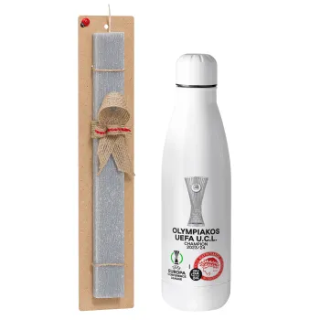 Olympiacos UEFA Europa Conference League Champion 2023/24, Easter Set, metallic stainless thermos bottle (500ml) & scented flat Easter candle (30cm) (GRAY)