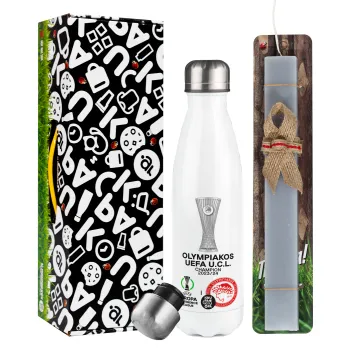 Olympiacos UEFA Europa Conference League Champion 2023/24, Easter candle, metallic white thermos bottle (500ml) & aromatic flat candle (30cm) (GRAY)