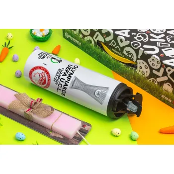 Ολυμπιακός νικητής UEFA Europa Conference League Champion 2023/24, Πασχαλινή Λαμπάδα με Travel Tumbler θερμό με διπλό καπάκι (600ml, BPA free) & κερί αρωματικό πλακέ (30cm) (ΡΟΖ)