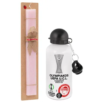 Ολυμπιακός νικητής UEFA Europa Conference League Champion 2023/24, Πασχαλινή Λαμπάδα με παγούρι μεταλλικό αλουμινίου (500ml) & κερί αρωματικό πλακέ (30cm) (ΡΟΖ)