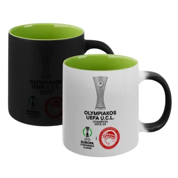 Ολυμπιακός νικητής UEFA Europa Conference League Champion 2023/24, Κούπα Μαγική εσωτερικό πράσινο, κεραμική 330ml που αλλάζει χρώμα με το ζεστό ρόφημα