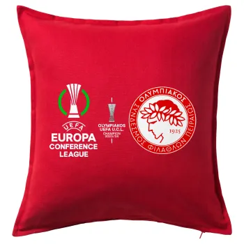 Ολυμπιακός νικητής UEFA Europa Conference League Champion 2023/24, Μαξιλάρι καναπέ Κόκκινο 100% βαμβάκι, περιέχεται το γέμισμα (50x50cm)