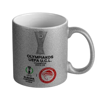 Olympiacos UEFA Europa Conference League Champion 2023/24, Κούπα Ασημένια Glitter που γυαλίζει, κεραμική, 330ml