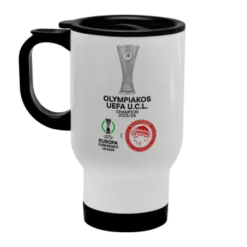 Olympiacos UEFA Europa Conference League Champion 2023/24, Stainless steel travel mug with lid, double wall white 450ml