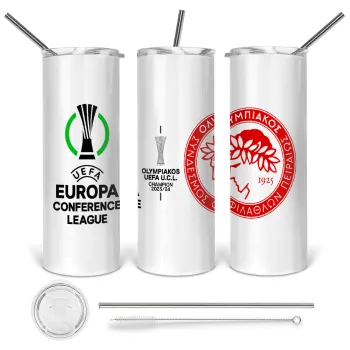 Ολυμπιακός νικητής UEFA Europa Conference League Champion 2023/24, Tumbler ποτήρι θερμό από ανοξείδωτο ατσάλι 600ml, με μεταλλικό καλαμάκι & βούρτσα καθαρισμού