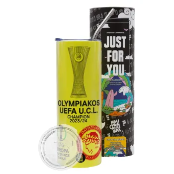 Ολυμπιακός νικητής UEFA Europa Conference League Champion 2023/24, Neon Yellow Travel Tumbler θερμό, μεταλλικό καλαμάκι(Ανωξείδωτο 304 Food grade, BPA free, 600ml)