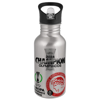 Olympiacos UEFA Europa Conference League Champion 2024, Water bottle Silver with straw, stainless steel 500ml